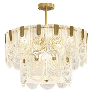 24 in. 9-Light Semi Flush Mount Ceiling Light, Brass Crystal Ceiling Light with 2-Tier Glass Shade, Bulbs Included