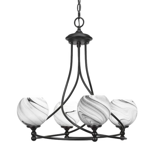 Unbranded Royale 4-Light Matte Black Chandelier, Round Chandelier with 5.75 in. Onyx Swirl Glass Shades, No bulbs included