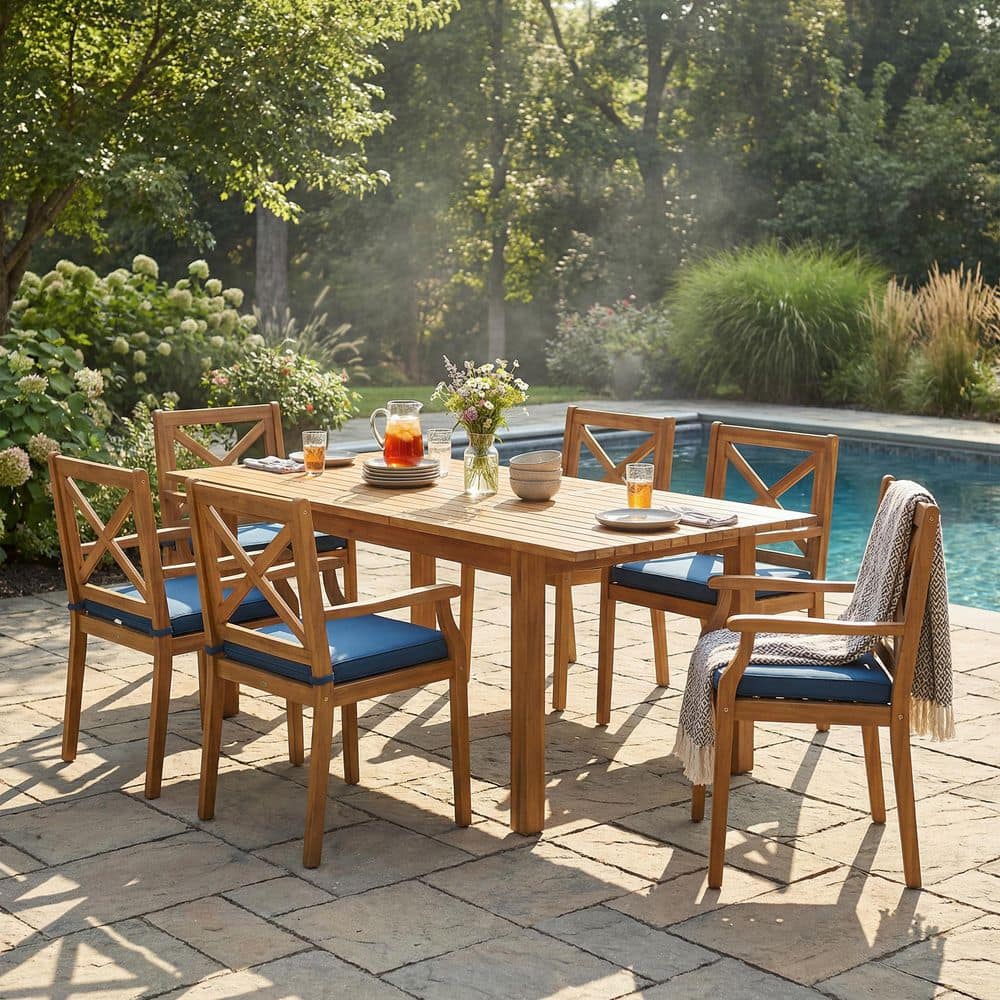 ダイニングテーブル zaaz 7 Pieces Teak Modern Acacia Wood Outdoor Dining Set with Blue