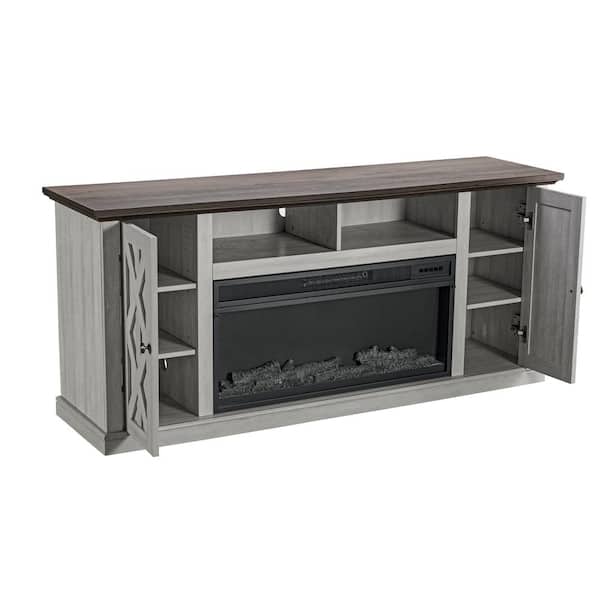 77 in. Freestanding Electric Fireplace TV Stand in Saw Cut Off White