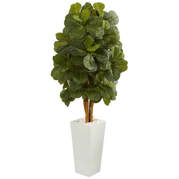 Nearly Natural 5 ft. High Indoor Fiddle Leaf Artificial Tree in White Tower Planter
