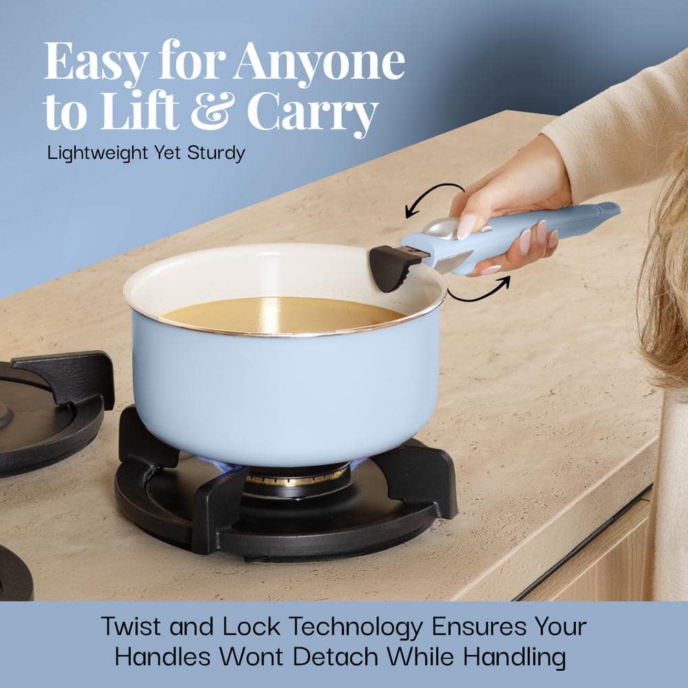 Light Blue Ceramic Nonstick 18-Piece Cookware Set with Detachable Handles