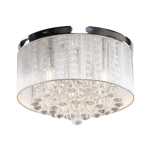 13.8 in. 3-Light Chrome Indoor Drum Flush Mount with Hanging Crystals