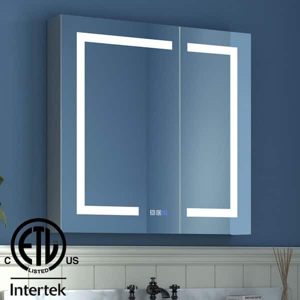 30 in. W x 30 in. H Medium Rectangular Silver Aluminum Recessed/Surface Mount Medicine Cabinet with Mirror and LED