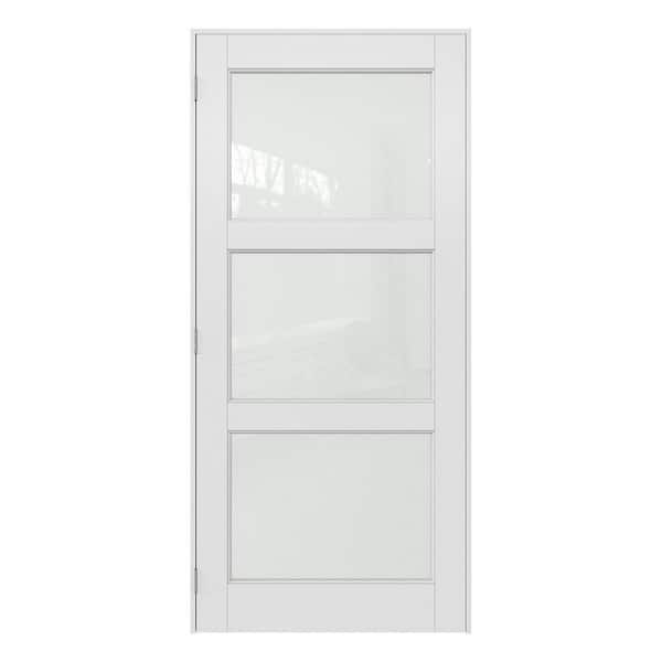 36 in. x 80 in. Right-Hand 3-Lite Frosted Glass White Wood Assembly Required Interior Door Kit w/Separate Jamb