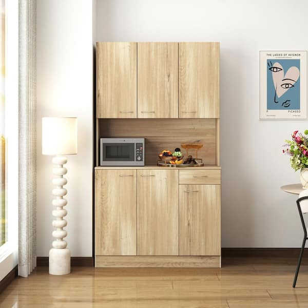 SANFANGIE Retro oak wardrobe cabinet, 70.87 in. with 6 doors, 1 open shelf and 1 drawer, suitable for bedroom and kitchen
