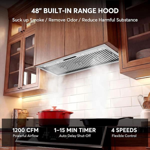 48 in. 1200 CFM Built-in/Insert Range Hood 4 Speed w/ Touch and Gesture Control, dimmable LED, Timer in Stainless Steel
