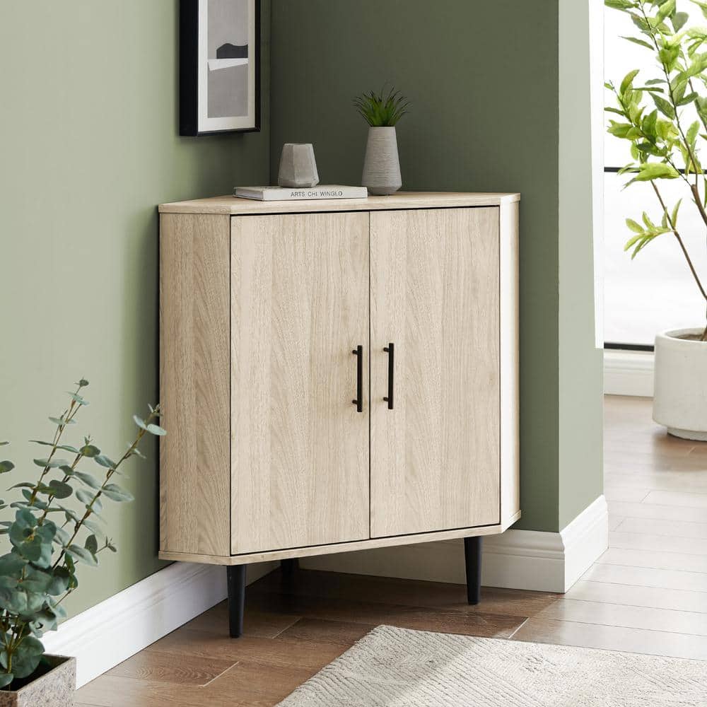 Contemporary Birch and Walnut Corner Accent Cabinet with Adjustable Shelving