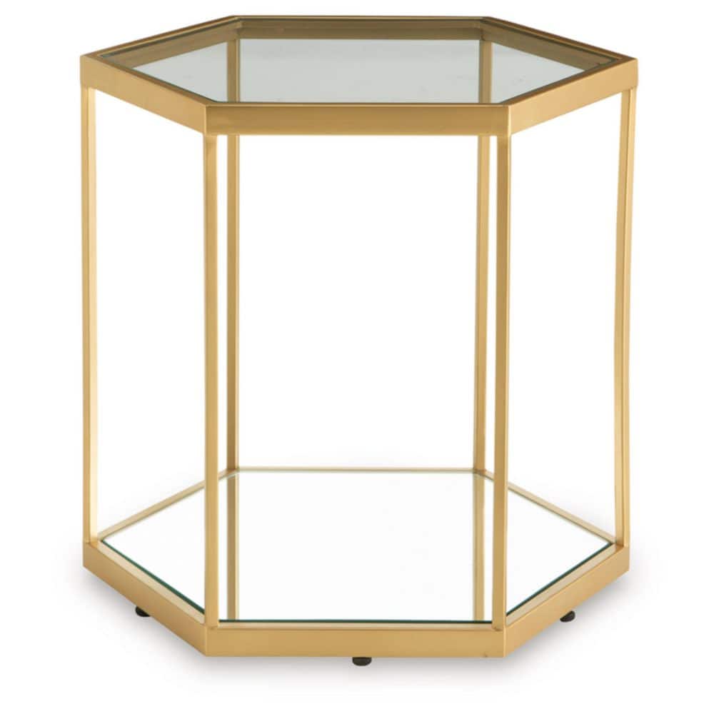 Veerwick Gold Hexagonal Glass Accent Table with Mirrored Inset