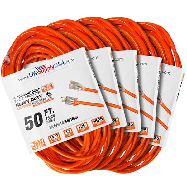 LifeSupplyUSA 50 ft. 14-Gauge/3-Conductors SJTW 15 Amp Indoor/Outdoor Extension Cord with Lighted End Orange (5-Pack)
