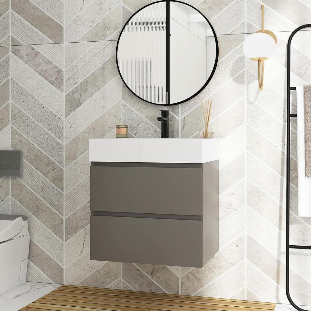 24" Grey Wall-Mounted Bathroom Vanity with White Cultured Marble Sink