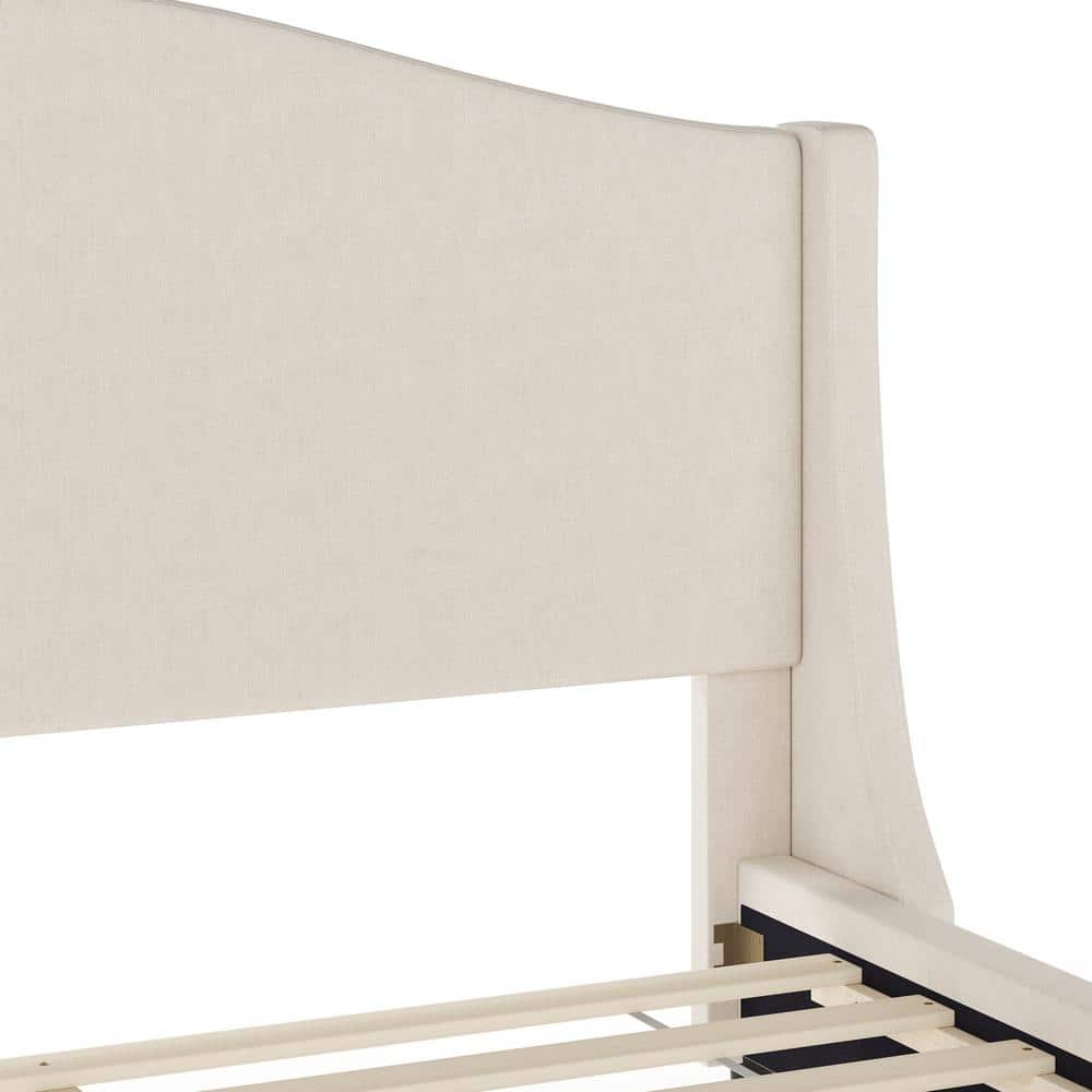 Amelia Queen Beige Linen Upholstered Platform Bed with Walnut Legs