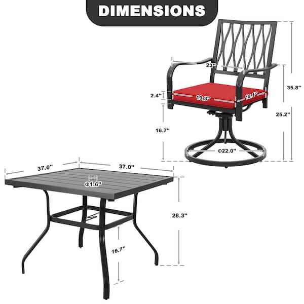 Black 5-Piece Metal Square Outdoor Dining Set with Cushion Patio Furniture Set with Swivel Chair