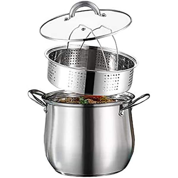 Large Stock Pot with Steamer and Glass Lid, 10 qt. Capacity, Stainless Steel Mirror Polished, Silver, Dishwasher Safe