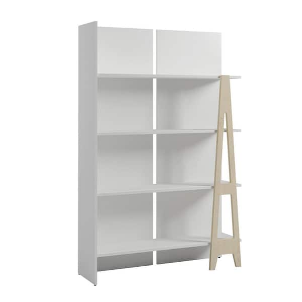 Nexera Atypik 60 in.White and Plywood Wood 4-Shelf Etagere Bookcase with Avant-garde detail