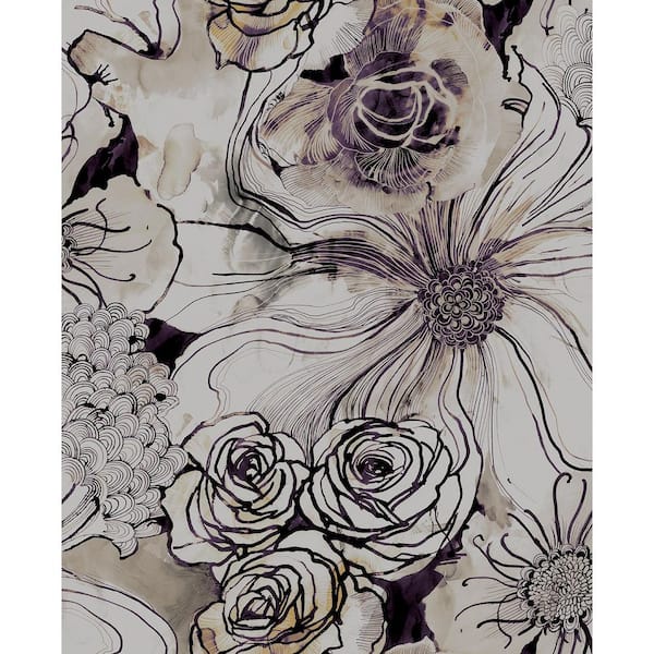30.75 sq. ft. Metallic Silver and Plum Ink Rose Vinyl Peel and Stick Wallpaper Roll