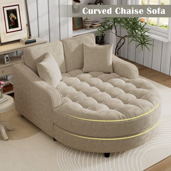 55 in. Rolled Arm Chenille Rectangle with Tufted Seat and Detachable Pillows Sofa in Champagne
