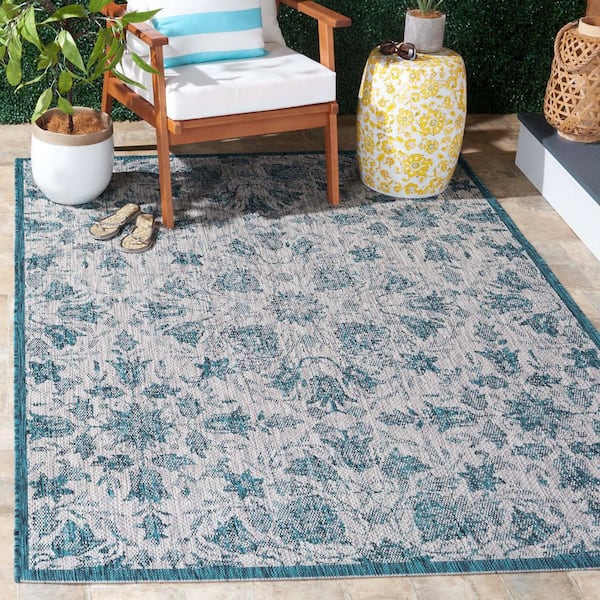 Courtyard Gray/Blue 5 ft. x 8 ft. Ornate Distressed Floral Indoor/Outdoor Area Rug