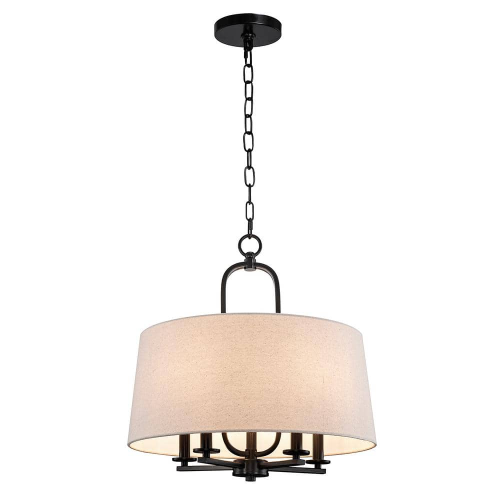 KAWOTI 19 in. 5-Light Blackened Bronze Drum Chandelier with Fabric ...