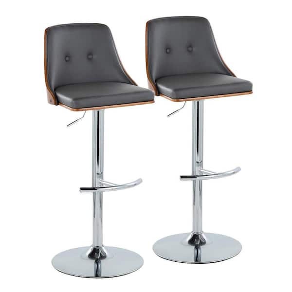 Lumisource Gianna 32.75 in. Grey Faux Leather, Walnut Wood and Chrome Metal Adjustable Bar Stool (Set of 2)