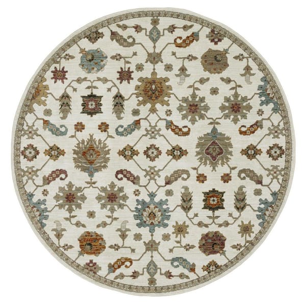8' Round Ivory, Gray, Light Blue Oriental Washable Area Rug Runner Rug