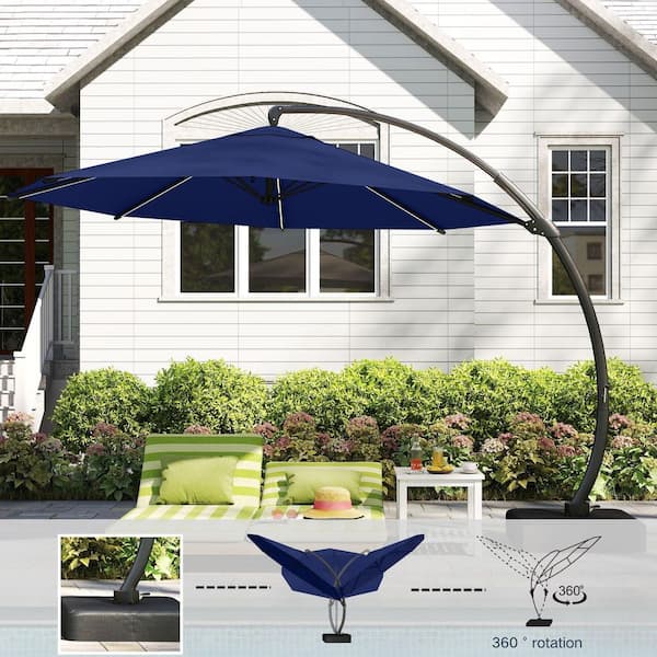 Unbranded Series 11 ft. Cantilever Patio Umbrella with Base Included, Round  Aluminum Outdoor Umbrella with Solar Lights, Navy Blue 8011LEDBLUE