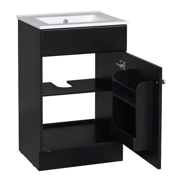 20 in. W Single Sink Freestanding Black Bath Vanity with White Ceramic Top, Adjustable Shelves, Unassembled