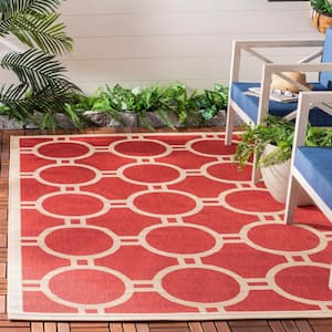 Courtyard Red/Bone Doormat 2 ft. x 4 ft. Geometric Indoor/Outdoor Patio Area Rug