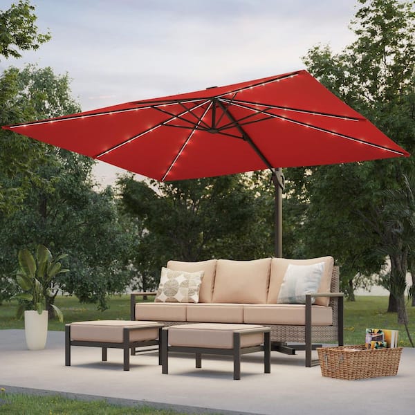Sonkuki 10 x 8 ft. Metal Solar-powered Cantilever Patio Umbrella with 360° Rotation and Canopy Angle Adjustment in Red