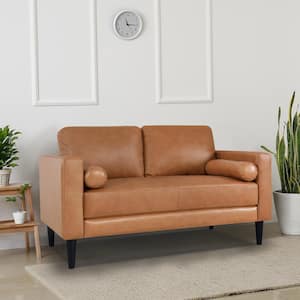 55 in. Tan Mid-Century Leather 3-Seat Loveseat