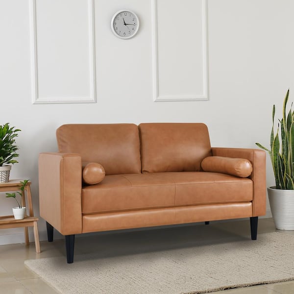 HOMESTOCK 55 in. Tan Mid-Century Leather 3-Seat Loveseat