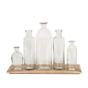 5 Vintage Bottle Vases on Wood Tray, 5.5 in. in Clear and Natural