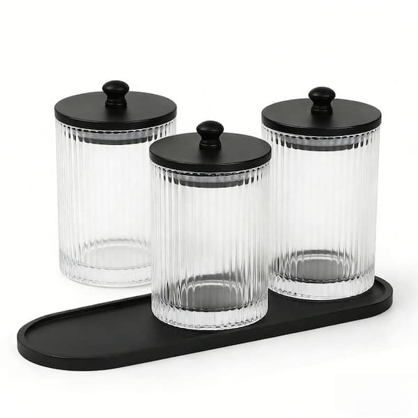 3-Pack Glass Bathroom Storage Jars with Black Lids and Tray, Qtip Holder Dispenser Set, Bathroom Vanity Organizers
