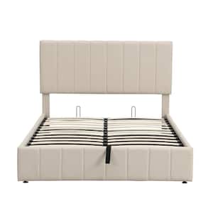 Full Size Beige Upholstered Platform Bed with Gas Lift Up Storage, Wood Platform Bed Frame with Hydraulic Storage System