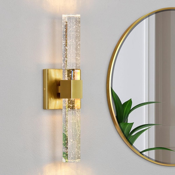 The with Brushed Glass Crystal Dimmable 8010WL-10GD-US Sconce - KAISITE Wall Bubble in. Gold 1-Light Shade 15.7 Depot Home Lighting