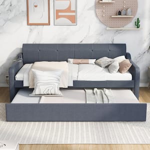 Twin Size Daybed with Pop Up Trundle,Upholstery Daybed Sofa Bed with USB Charging Design for Living Room Guest Room,Gray