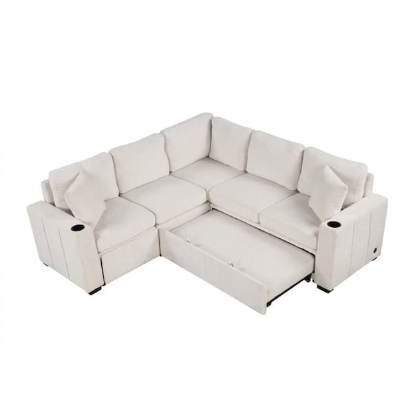 84.7 in. Chenille Upholstery L-shaped Sectional Sofa in. Beige with Pull-out Bed and Ottoman