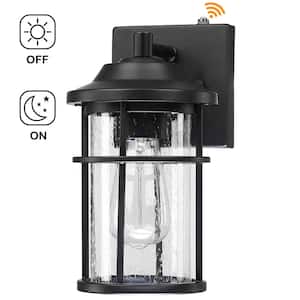 11 in. Matte Black Hardwired Dusk to Dawn Outdoor Wall Lantern Sconce Sensor with Seeded Glass Shade