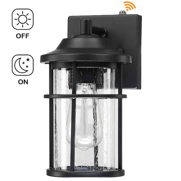 11 in. Matte Black Hardwired Dusk to Dawn Outdoor Wall Lantern Sconce Sensor with Seeded Glass Shade