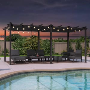 10 ft. x 18 ft. Gray Aluminum Frame Outdoor Patio Pergola with Gray Retractable Sun Shade Canopy and String Lights