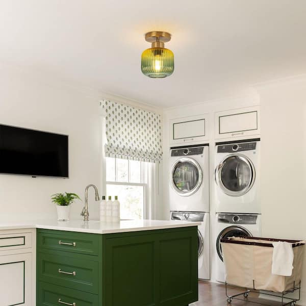 6 in. 1-Light Brass Semi-Flush Mount Ceiling Light with Tradient Green Glass Shade