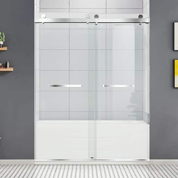 56 in.-60 in. W x 76 in. H Double Sliding Frameless Shower Door Brushed Nickel with Smooth Sliding,3/8 in. (10mm)Glass
