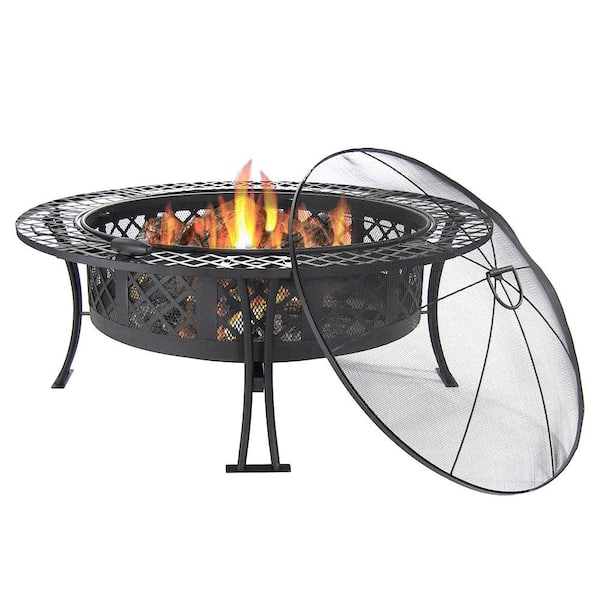 Diamond Weave 40 in. x 20 in. Round Steel Wood Burning Fire Pit in Black with Spark Screen