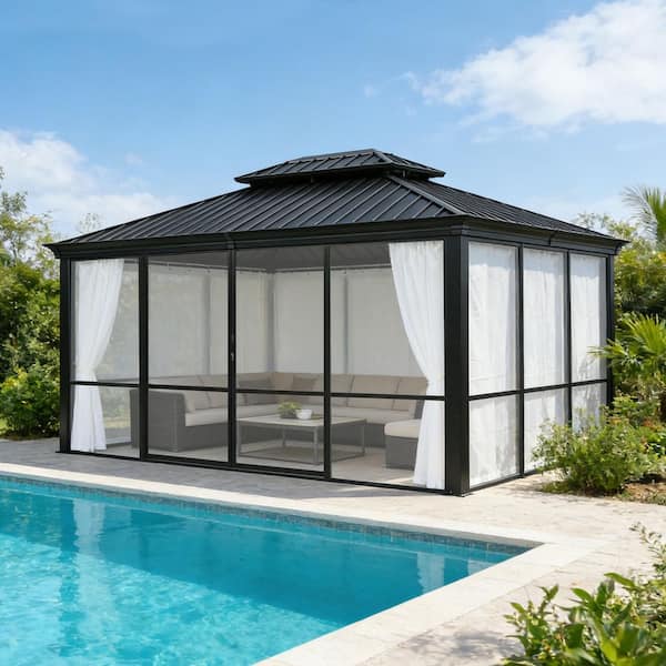 10 ft. x 12 ft. Hardtop Sunroom Gazebo Solarium with Galvanized Steel Double Roof and Solid PC Panel Walls