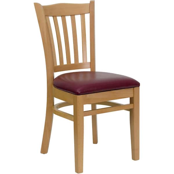 Flash Furniture Hercules Series Natural Wood Vertical Slat Back Wooden Restaurant Chair with Burgundy Vinyl Seat