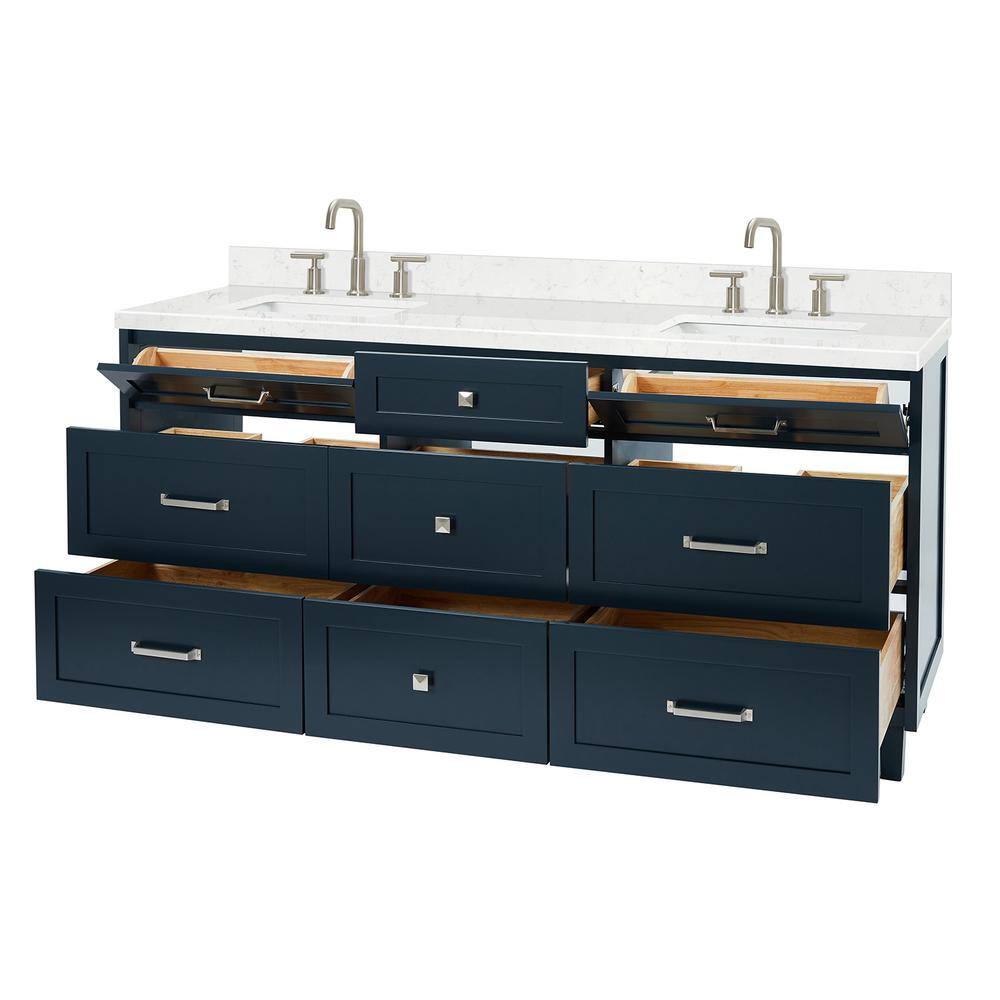 Midnight Blue Double Sink Freestanding Vanity with Carrara Quartz Top