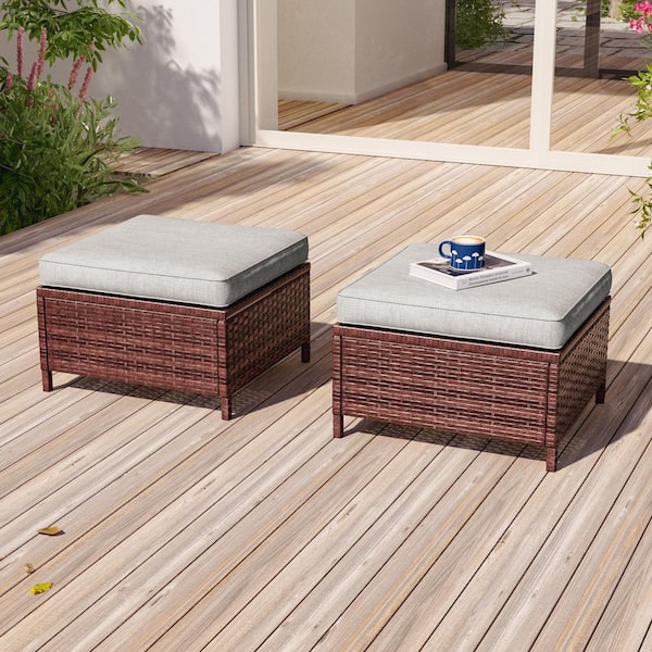 2-Piece Steel Frame Brown Wicker Outdoor Ottoman with Removable Linen Gray Cushion