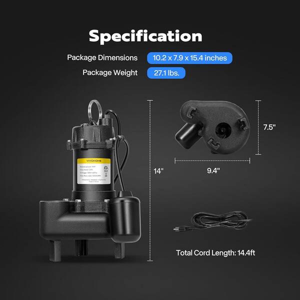 LANCHEZ 1HP Cast Iron Sewage Pump – 5644 GPH Submersible Sump Pump With Tether Float Switch, 2-Inch NPT Discharge For Basements