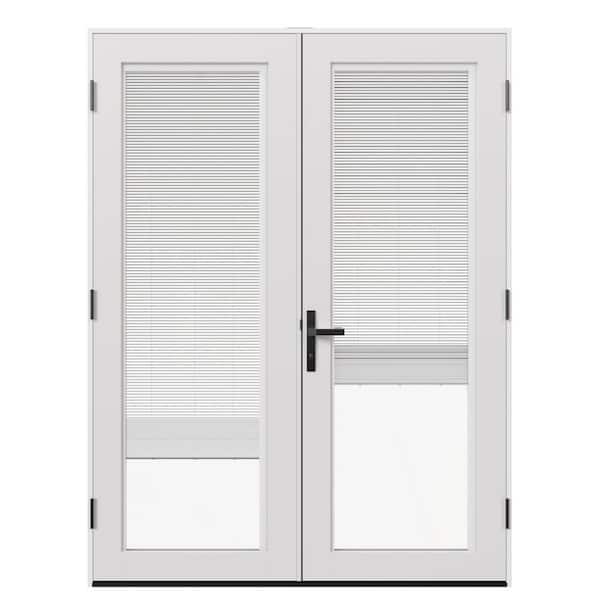 60 in. x 80 in. Left-Hand/Outswing Primed Fiberglass French Patio Door w/ Low-E Glass,Blinds,Sliding Screen&Black Handle