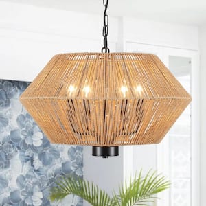 4-Light Black and Brown Dimmable Paper Rattan Lampshade Candle Chandelier for Living Room with No Bulbs Included